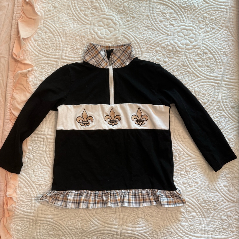 Girls Fleur-de-Lis Saints Top with Plaid Ruffle Trim